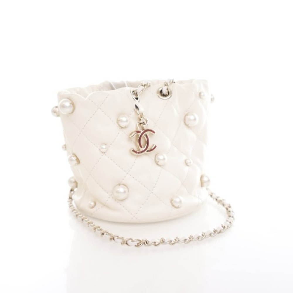CHANEL Cream Quilted Pearl Bucket Bag with Chain
